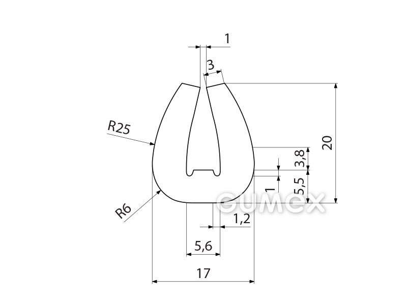 Silikonový profil tvaru "U", 20x17/5,6mm, 60°ShA, -60°C/+180°C, transparentní